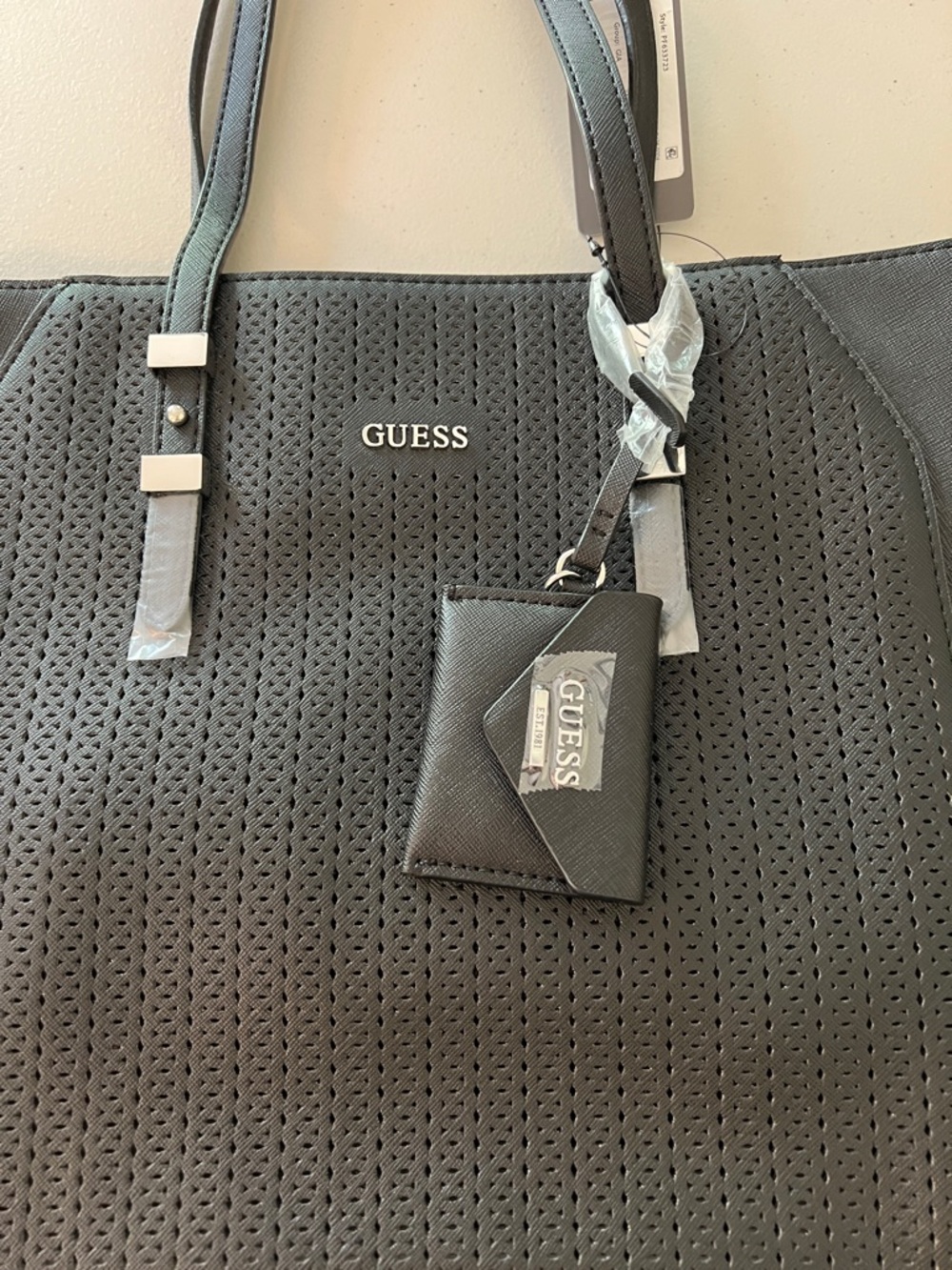 Guess Black Perforated Tote with silver-tone Logo, inside zipper pocket - Picture 6 of 7